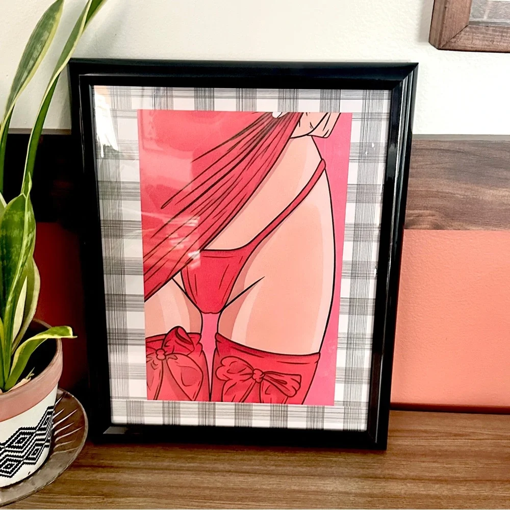 Red Thigh Highs Bows Sexy Woman Canvas Art Print Framed Wall Art Anime Drawing